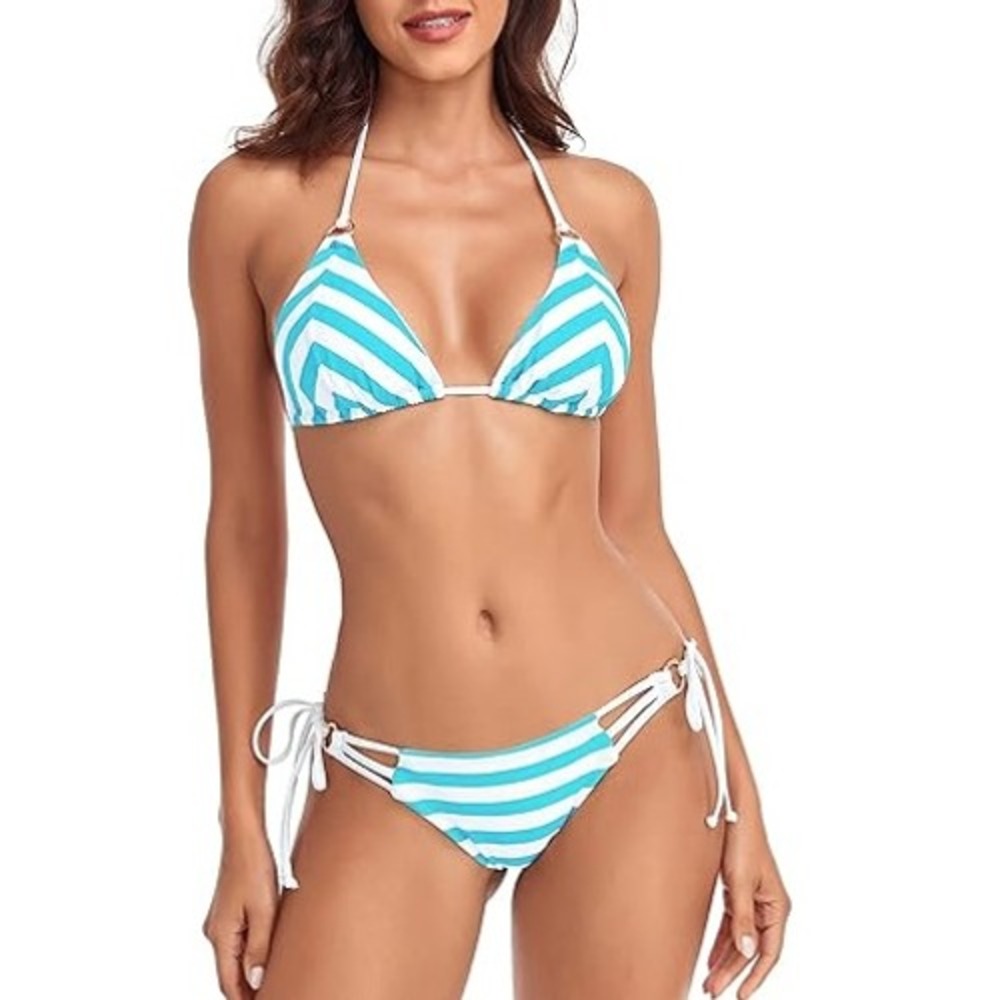 RELLECIGA Women's Blue Striped Triangle Bikini Top Size S NWT